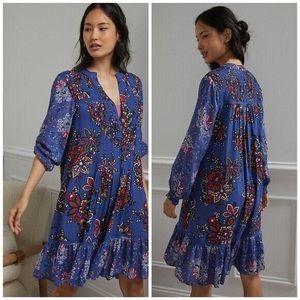 Anthropologie Diana Pintucked Blue Floral Tunic Dress